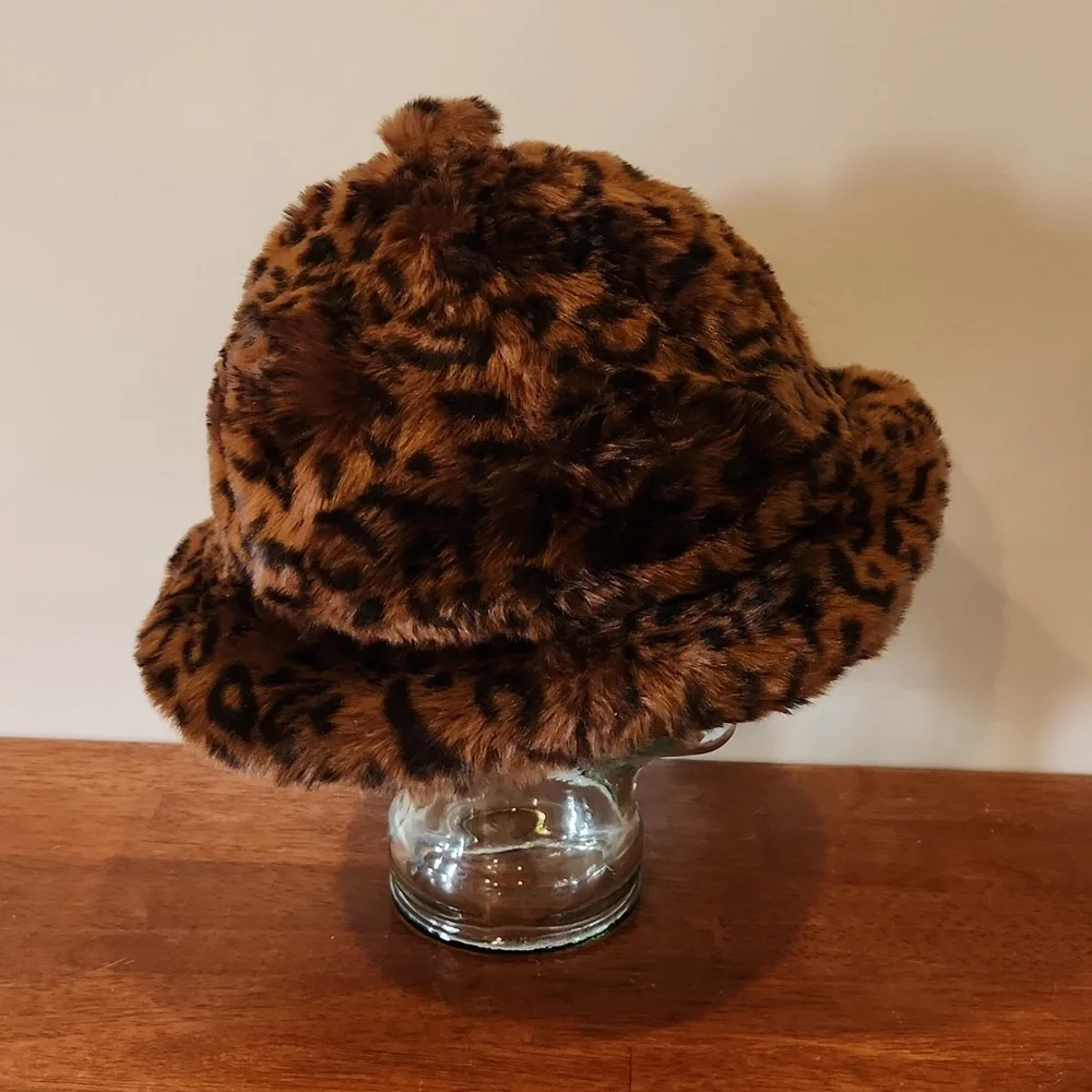 Kangol Brown Leopard Faux Fur Print Casual Bucket Hat